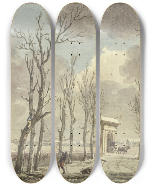 Triptych art skateboard deck of Hermanus Numan Stadttor Mit Trmchen Im Winter Eine Lange Brcke Fhrt Ber Den Kanal Nach Einer Allee by Hermanus Numan (1744-1820)