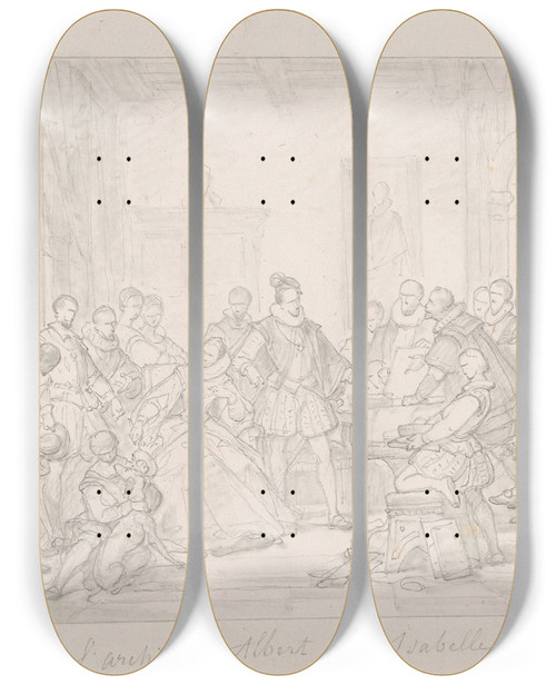 Triptych art skateboard deck of Nicaise De Keyser The Archdukes Albert And Isabella Visit The Printer Plantin_3 by Nicaise De Keyser (1813-1887)