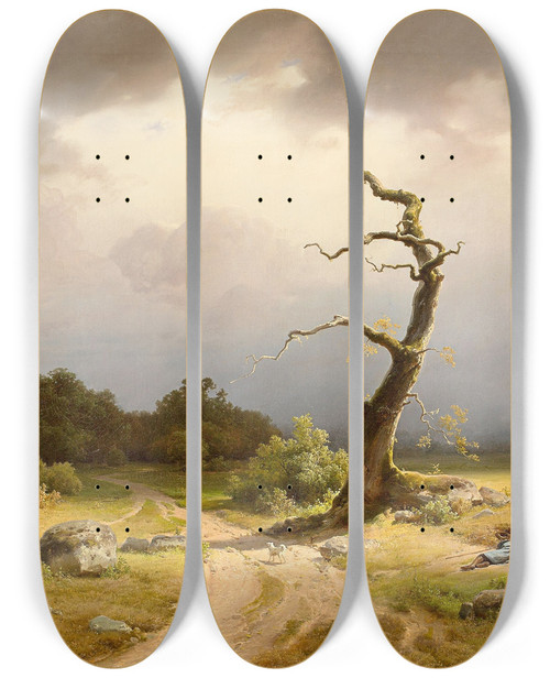 Triptych art skateboard deck of Carl Theodor Reiffenstein Landschaft Bei Heranziehendem Gewitter by Carl Theodor Reiffenstein (1820-1893)