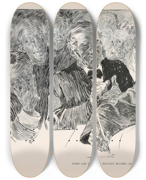 Triptych art skateboard deck of Charles Dana Gibson When Our Eccentric Relative Become An Object Of Interest by Charles Dana Gibson (1867-1944)