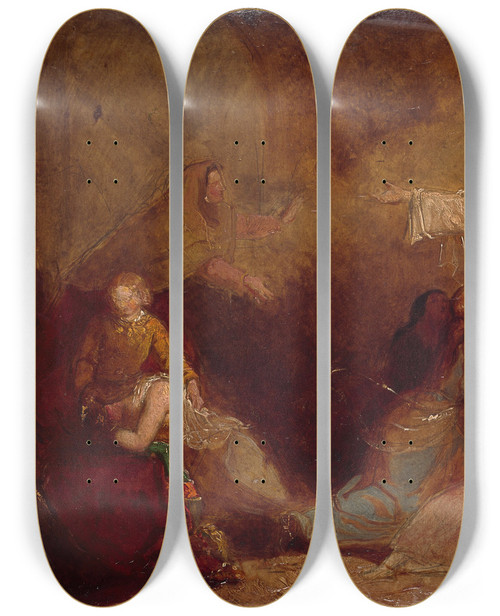Triptych art skateboard deck of Sir John Everett Millais Elgiva Seized By Order Of Archbishop Odo by Sir John Everett Millais (1829-1896)