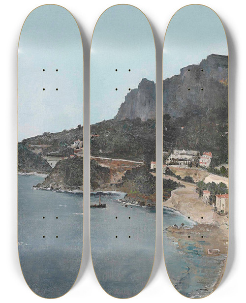 Triptych art skateboard deck of Alfred Stevens Cap Dail Vue Prise De Palais Du Prince De Monaco by Alfred Stevens (1817-1875)