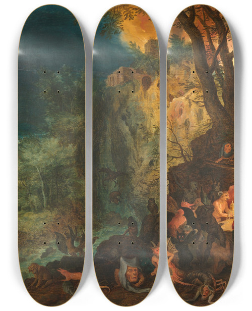 Triptych art skateboard deck of Jan Brueghel The Temptation Of St Anthony by Jan Brueghel
