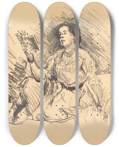 Triptych art skateboard deck of Lovis Corinth Girl Reading Lesendes Mdchen by Lovis Corinth (1858-1925)