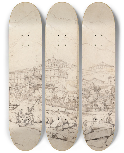 Triptych art skateboard deck of George Chinnery Building On A Hillside In A Mountainous Village by George Chinnery (1774-1852)