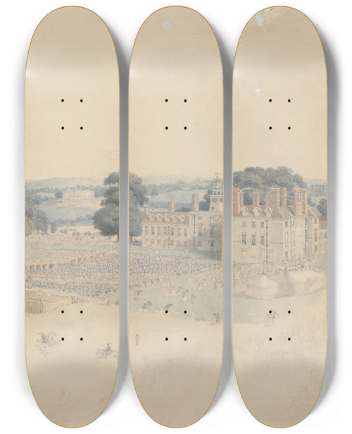 Triptych art skateboard deck of William Alexander The Dinner In Mote Park Maidstone After The Royal Review Of The Kentish Volunteers by William Alexander (1767-1816)