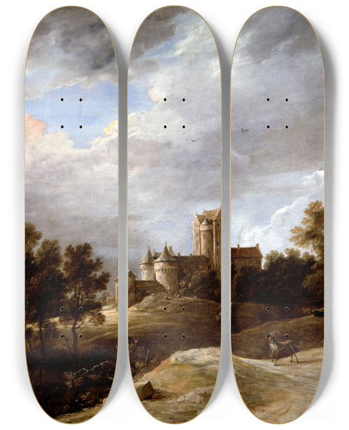 Triptych art skateboard deck of David Teniers The Younger A Castle And Its Proprietors by David Teniers The Younger (1610-1690)