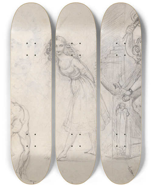 Triptych art skateboard deck of Theodor Von Holst Sheet Of Sketches by Theodor Von Holst (1810-1844)