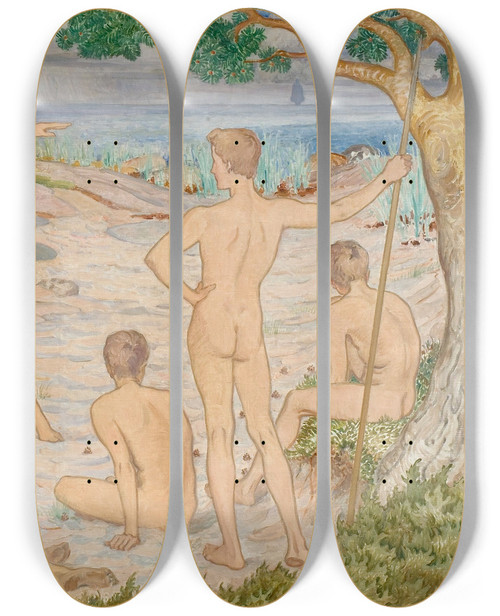 Triptych art skateboard deck of Venny Soldanbrofeldt Javelin Throw Sketch For A Mural by Venny Soldan-Brofeldt (1863-1945)