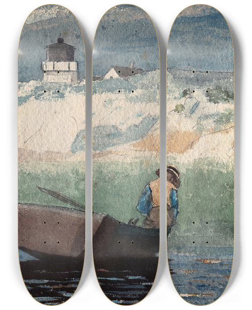 Triptych art skateboard deck of Winslow Homer Boy In Boat Gloucester by Winslow Homer (1836-1910)
