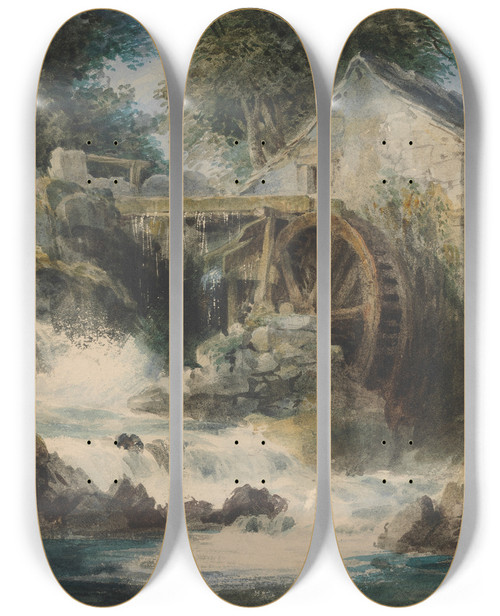 Triptych art skateboard deck of Andrew Nicholl An Overshot Mill by Andrew Nicholl