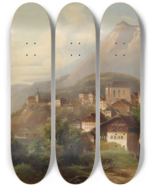 Triptych art skateboard deck of Johann Wilhelm Jankowski Blick Auf Pilatus Mit Tomlishorn by Johann Wilhelm Jankowski (1825-1870)