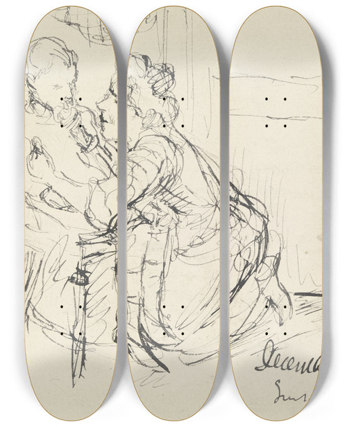 Triptych art skateboard deck of Gustav Schraegle Frau Kniet Vor Einem Im Stuhl Sitzendem Kind by Gustav Schraegle (1867-1925)