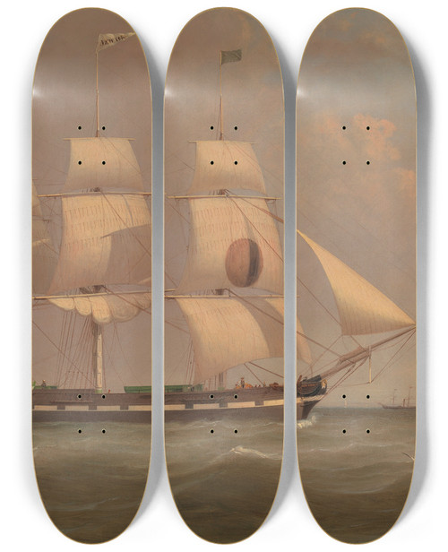 Triptych art skateboard deck of William Clark The Black Ball Line Packet Ship New York Off Ailsa Craig by William Clark (1803-1883)