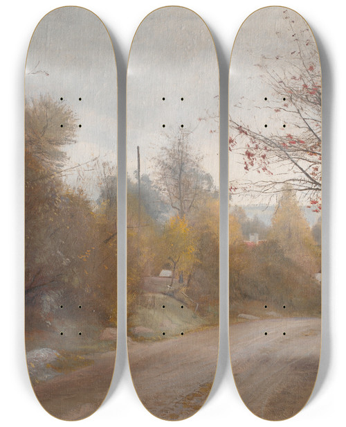 Triptych art skateboard deck of Laurits Andersen Ring The Road At Mogenstrup Zealand Autumn by Laurits Andersen Ring (1854-1933)