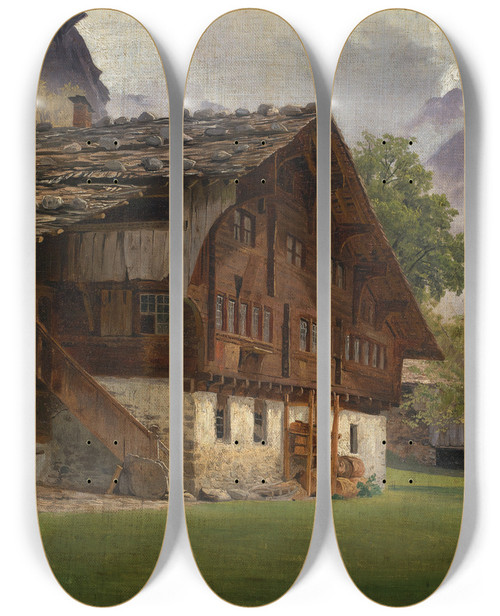 Triptych art skateboard deck of Johann Wilhelm Schirmer Bauernhaus In Den Alpen by Johann Wilhelm Schirmer (1807-1863)