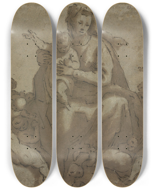 Triptych art skateboard deck of Leonardo Corona Madonna Mit Kind In Wolken Von Engeln Umgeben by Leonardo Corona