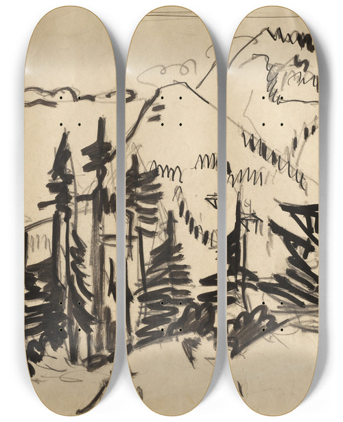 Triptych art skateboard deck of Ernst Ludwig Kirchner Mountain Landscape With Fir Trees by Ernst Ludwig Kirchner (1880-1938)