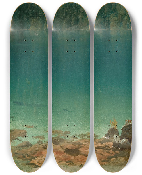 Triptych art skateboard deck of Albert Bierstadt Lake Scene by Albert Bierstadt (1830-1902)