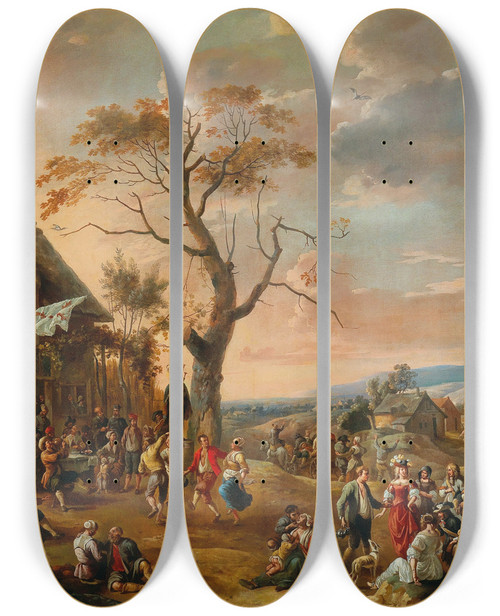 Triptych art skateboard deck of Anton Goubau A Village Scene Kermis With Dancing Peasants by Anton Goubau (1616-1698)