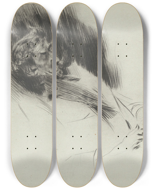 Triptych art skateboard deck of Giovanni Boldini Whistler Asleep by Giovanni Boldini (1842-1931)