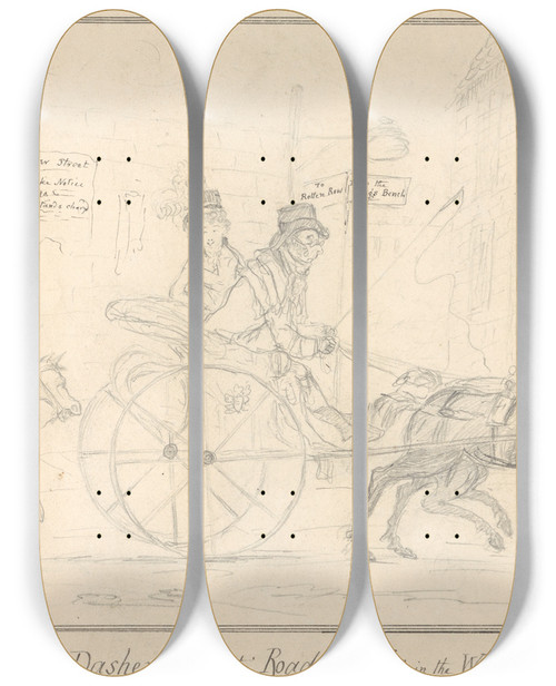 Triptych art skateboard deck of George Moutard Woodward A Dasher Or The Road To Ruin In The West by George Moutard Woodward (1765-1809)