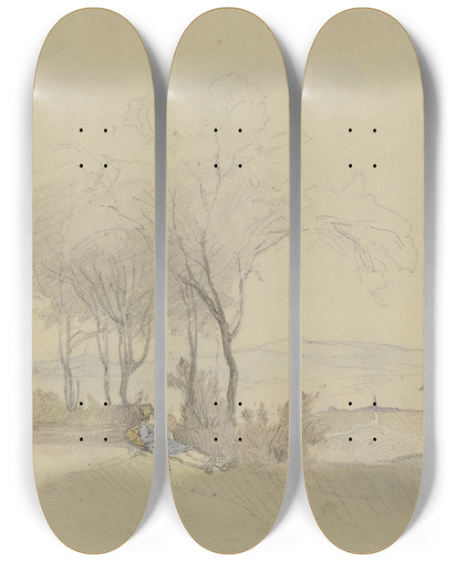 Triptych art skateboard deck of Jakob Frchtegott Dielmann Unter Einer Baumgruppe Liegt Ein Handwerksbursche In Blauem Kittel by Jakob Furchtegott Dielmann (1809-1885)