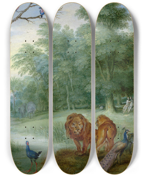 Triptych art skateboard deck of Jan Brueghel The Younger Paradise With The Fall Of Man by Jan Brueghel the Younger (1601-1678)