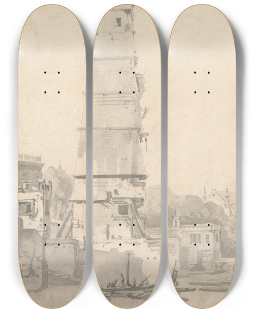 Triptych art skateboard deck of Thomas Wijck View Of The Waterhouse And Old St Pauls London by Thomas Wijck (1616-1677)