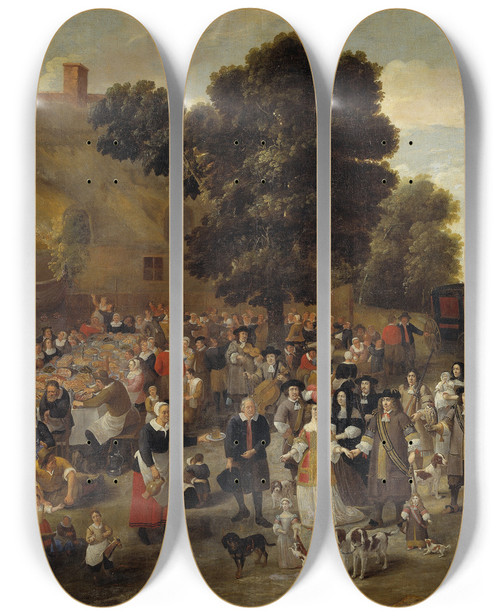 Triptych art skateboard deck of Mattheus Van Helmont Village Wedding And Open Air Feast by Mattheus Van Helmont (1623-1679)