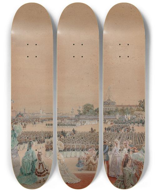 Triptych art skateboard deck of Karl Fedorovic Gun The Solemn Service On The Occasion Of The Bicentenary Of Peter Is Birth 16721725 On Senate Square In Saint Petersburg 30 May 1872 by Karl Fedorovic Gun (1830-1877)