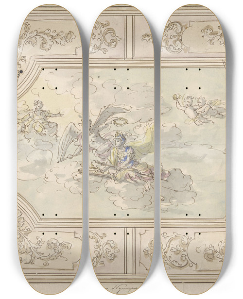 Triptych art skateboard deck of Elias Van Nijmegen Ontwerp Voor Een Plafondschildering Met Eer Gekroond Door De Tijd by Elias Van Nijmegen (1667-1755)