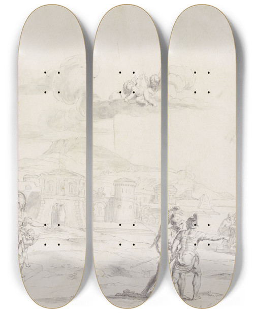 Triptych art skateboard deck of Raymond Lafage Die Entfhrung Und Einschiffung Der Helena Durch Paris by Raymond Lafage (1656-1682)