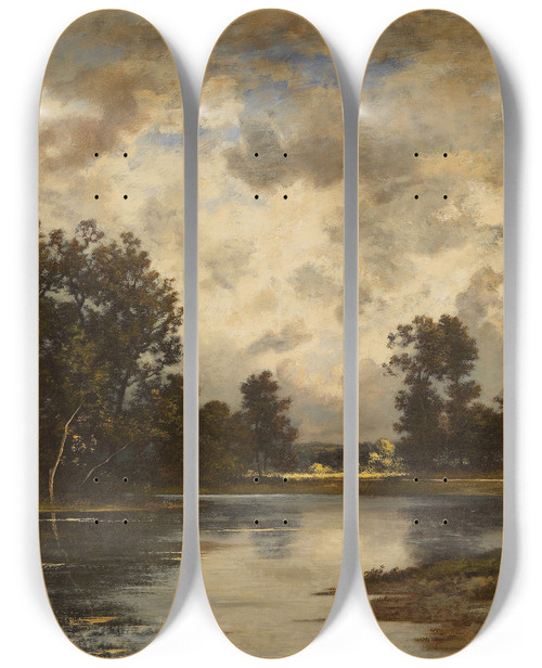 Triptych art skateboard deck of Leon Richet Pond At The Edge Of The Forest by Leon Richet (1847-1902)
