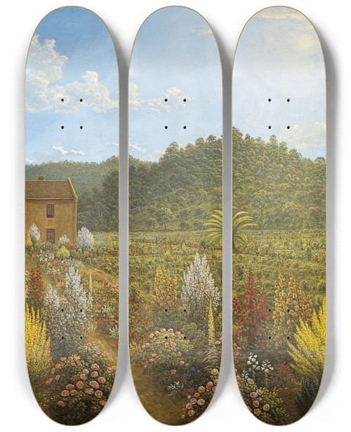 Triptych art skateboard deck of John Glover A View Of The Artists House And Garden In Mills Plains Van Diemens Land by John Glover (1767-1849)
