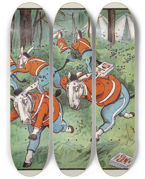 Triptych art skateboard deck of Peter Newell And How They Chased Those Twenty Mules And Punchured Well Their Hide by Peter Newell (1862-1924)