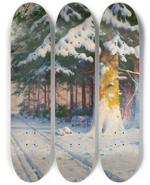 Triptych art skateboard deck of Walter Moras Hunter Returning Home In A Winter Woodland by Walter Moras (1856-1925)