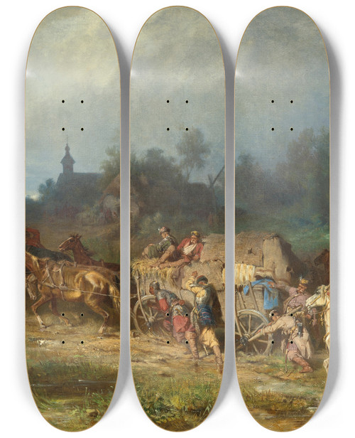 Triptych art skateboard deck of Jozef Brandt Returning Home Patient Transport Polish Camp by Jozef Brandt (1841-1915)