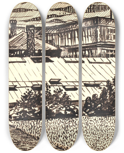 Triptych art skateboard deck of Henry Lyman Saen Untitled Figure And Buildings by Henry Lyman Saen (1875-1918)