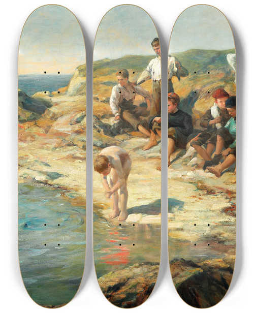 Triptych art skateboard deck of William Pratt Boys Swimming At A Rocky Coast by William Pratt (1855)