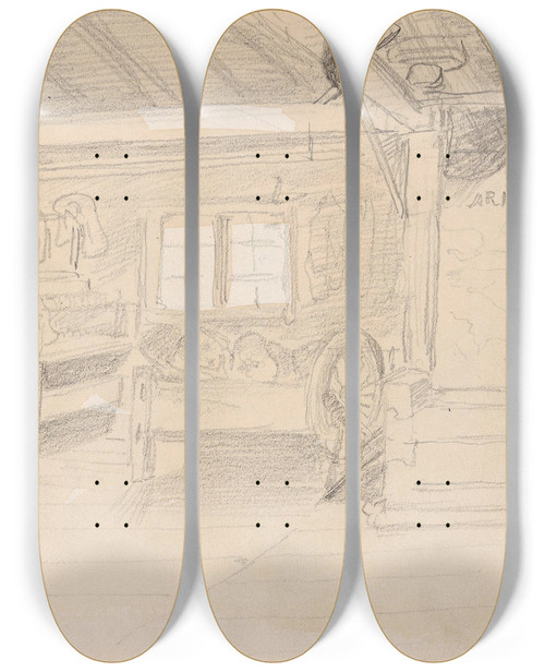 Triptych art skateboard deck of Adolph Tidemand Stueinterir Spttungen by Adolph Tidemand (1814-1876)