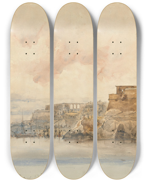 Triptych art skateboard deck of James Holland View Of Valetta Malta by James Holland (1800-1870)