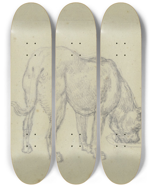 Triptych art skateboard deck of Ferdinand Fellner Saufender Hund Von Hinten Gesehen_2 by Ferdinand Fellner (1799-1859)