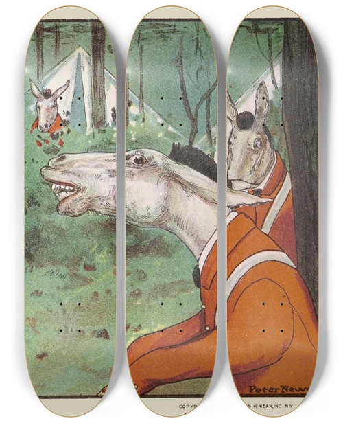 Triptych art skateboard deck of Peter Newell One Day Within A Grove Of Spruce They Gathered Gum To Chew by Peter Newell (1862-1924)
