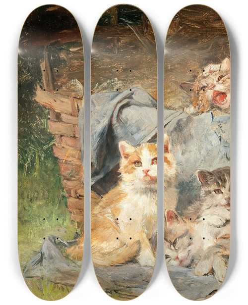 Triptych art skateboard deck of Julius Adam The Younger Playful Cats by Julius Adam The Younger (1852-1913)