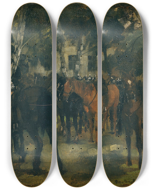 Triptych art skateboard deck of Wilhelm Trbner Abgesessene Krassiere by Wilhelm Trubner (1851-1917)
