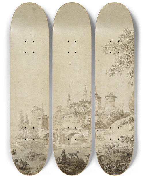 Triptych art skateboard deck of Jeanbaptiste Le Prince Shepherds In A Landscape Before A Fortified Town by Jean-Baptiste Le Prince (1734-1781)