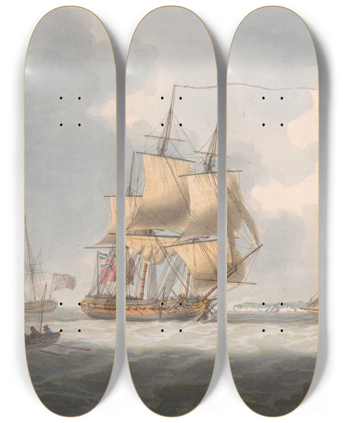 Triptych art skateboard deck of William Anderson A Frigate Awaiting A Pilot by William Anderson (1757-1837)