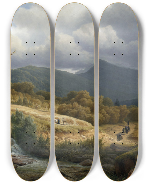 Triptych art skateboard deck of Pierre Louis Dubourcq The Cemetery At Badenbaden by Pierre Louis Dubourcq (1815-1873)