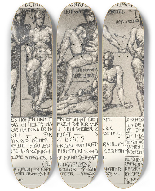 Triptych art skateboard deck of Alexander Rothaug Statik Und Dynamik Des Menschlichen Krpers Pl10 by Alexander Rothaug (1870-1946)